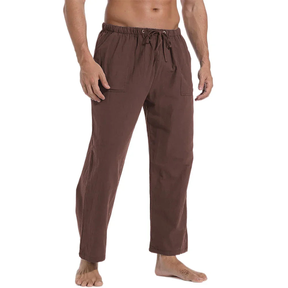maoxiangshop New Men's Casual Linen Pants Solid Color Breathable Yoga Cotton Trousers Male Casual Elastic Waist Drawstring Fitness Pants