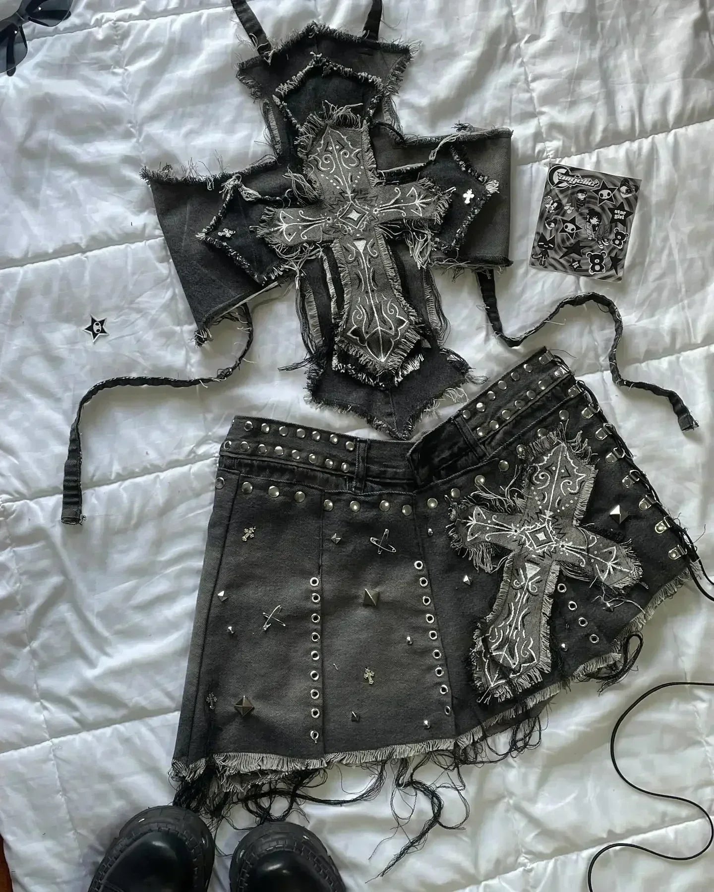 maoxiangshop - Y2K Harajuku Gothic Leather Jacket Casual Skirts Gothic Fashion Leather Patchwork Two Piece Clothing gothic Women Hot Sweetheart