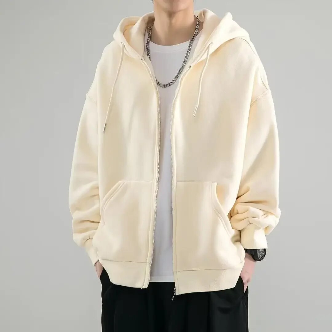 maoxiangshop American Heavyweight Basic Solid Color Cardigan Sweatshirt Men's Tide Loose Large Size Men's Hooded Sweatshirt Jacket 5xl