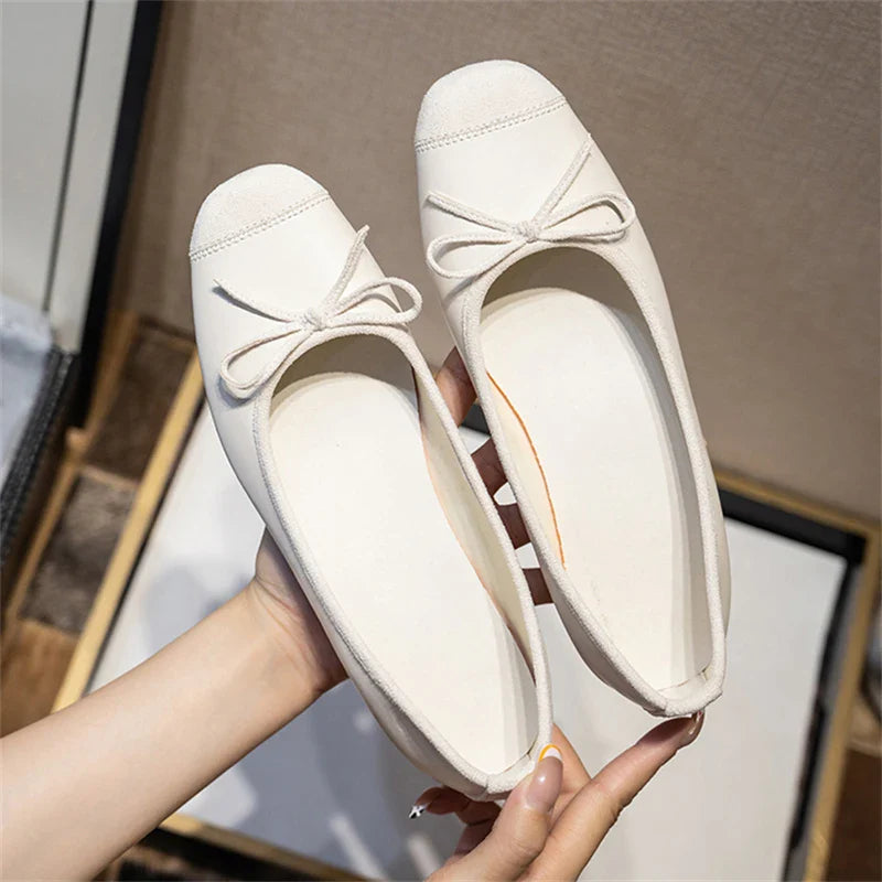 maoxiangshop - Breathable Silk Ballerinas Ballet Flats Women Summer Autumn Slip on Loafers Square Toe Bowknot Flat Casual Shoes