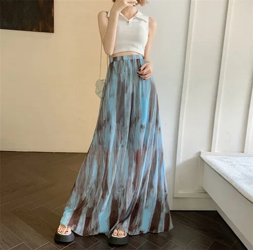 maoxiangshop Boho Vintage Long Skirts for Women Tie Dye Printed A-line Female Elegant Skirt Ladies Holiday Mid-length Maxi Skirt