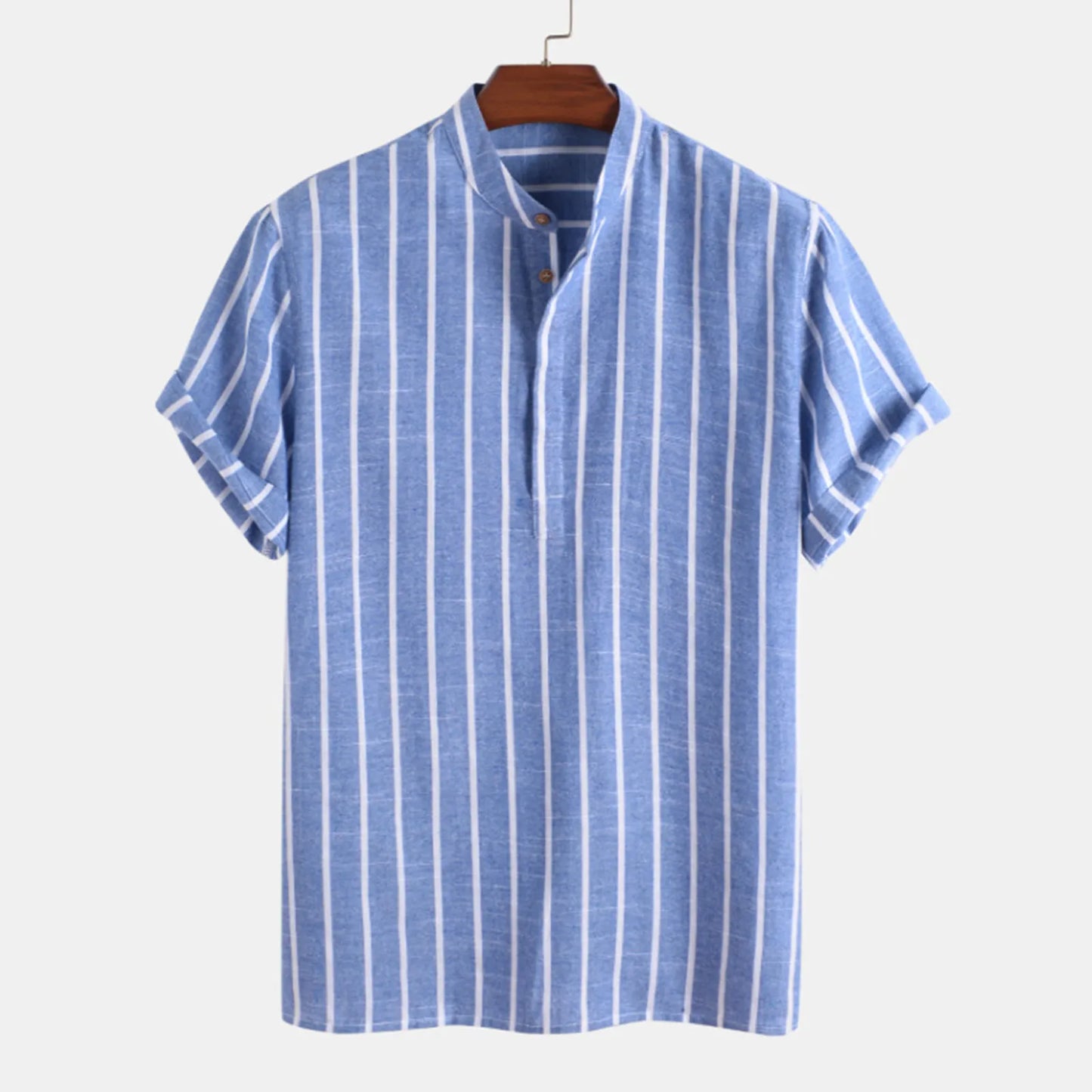 maoxiangshop Summer Blouse Male Casual Stripe Printing Shirt Short Sleeve Stand Collar Blouse Tops For Mens Outdoor Beach Shirts рубашка