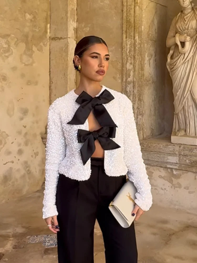 Sequins Sparkling Bow Jackets Women Shiny Evening Christmas Short Coats Female Elegant Long Sleeve Chic Partywear Tops 2023
