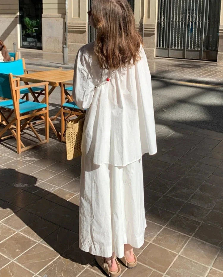 maoxiangshop - Chic Cute Floral Embroidery Blouse Women+Long Skirts Set Cotton Ruffle O-neck Blouse Woman Suit Loose Skirts Vacation Outfit