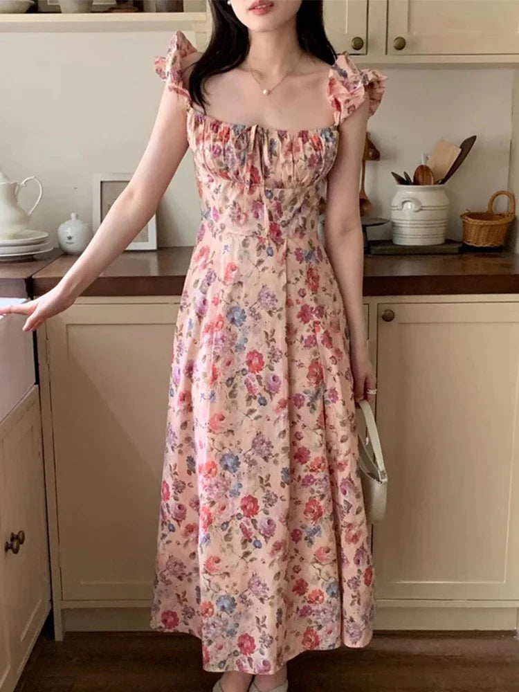 maoxiangshop Korean Chic One Line Collar Contrast Color Pleated Waist Slim Strapless Floral Dress For Women Spring Summer