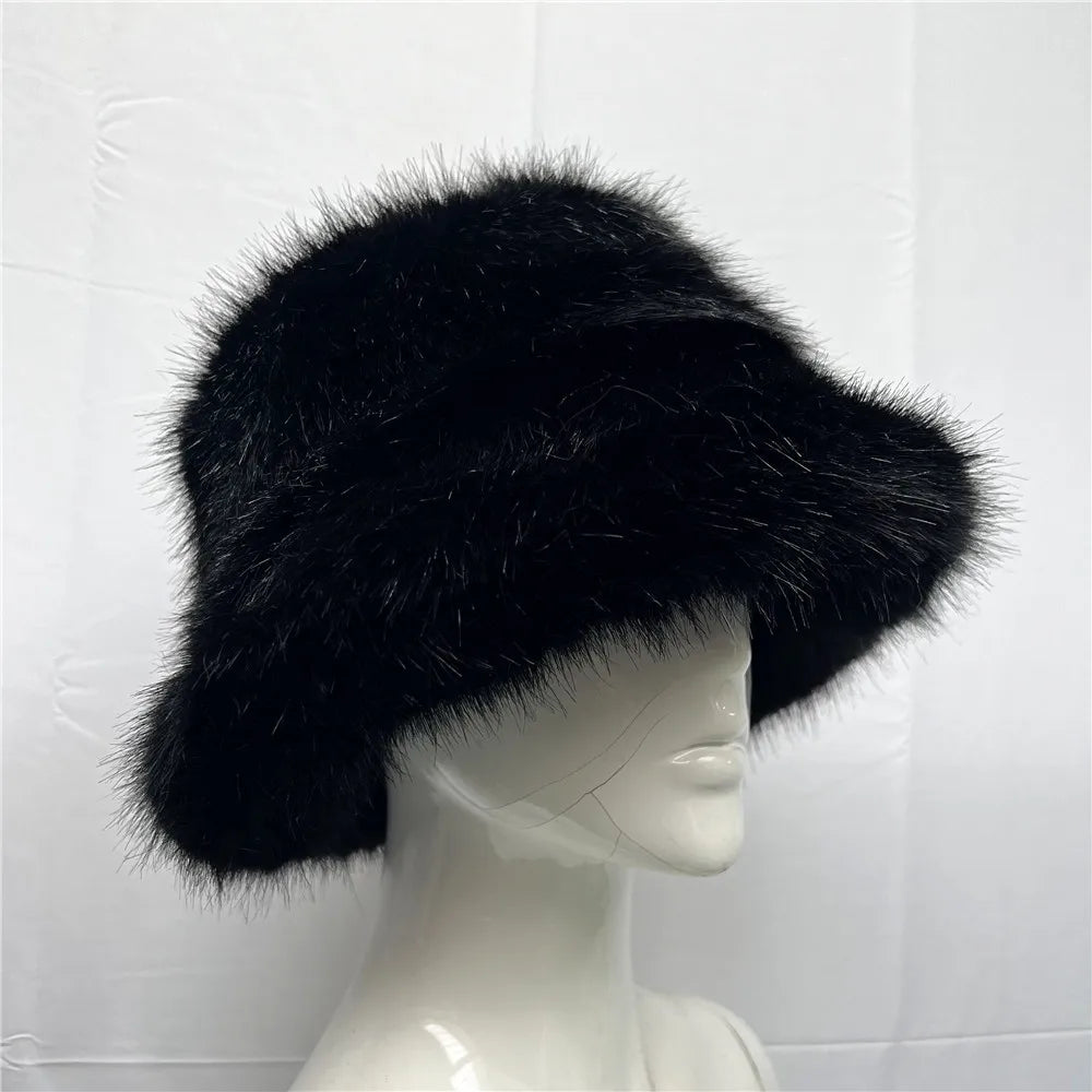 maoxiangshop - Luxury Ins Hot Y2k Girls Faux Fox Fur Bucket Hat Women Winter Warm Rabbit Fur Plush Fisherman Hat Cap Festival Party Ski Panama