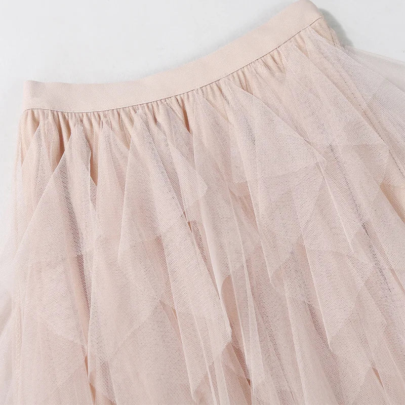 maoxiangshop Tutu Tulle Midi Skirt Women Elegant Fashion High Waist Irregular Pleated Mesh Long Skirt Spring Summer Party Female