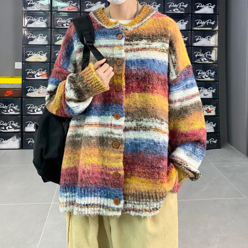 maoxiangshop Striped Cardigan Sweater Men Korean Knitted Sweater Pullover Harajuku Hip Hop Streetwear Loose Knitwear Coat Male Clothes