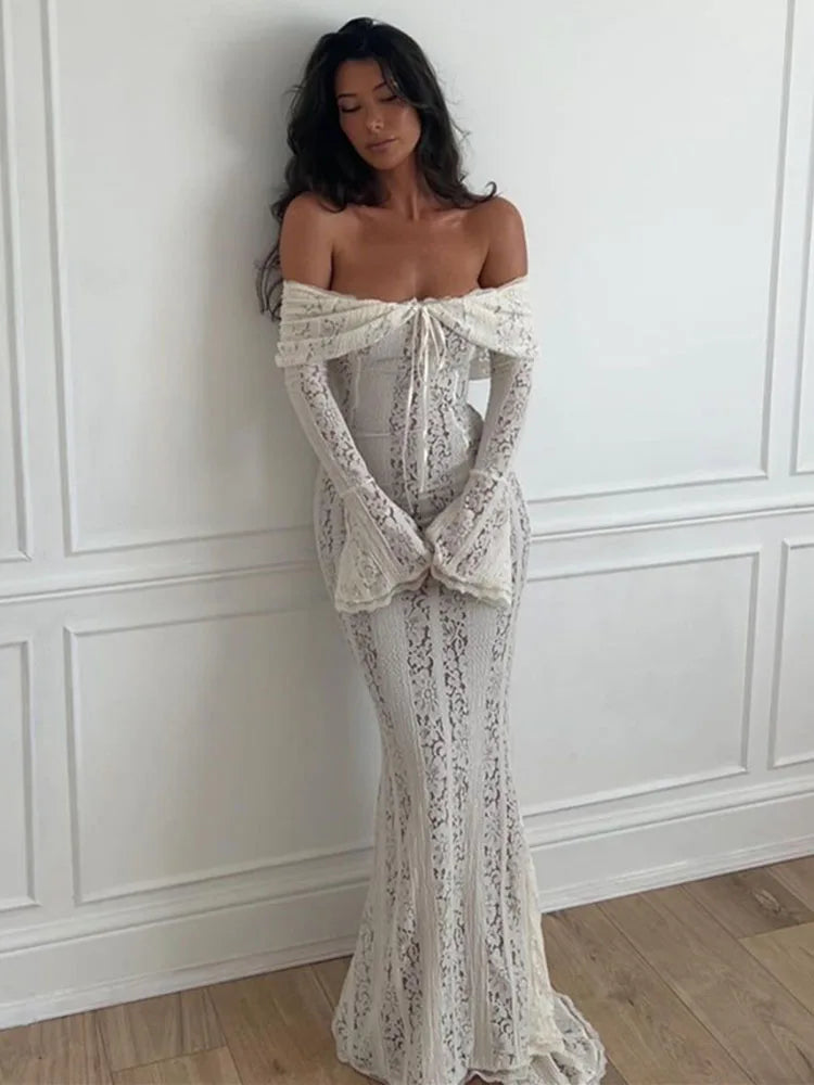 maoxiangshop - Lace Hollow Slim Mini Dress For Women One Shoulder Sexy Long Sleeves Club Party Dresses Bodycon Bandage Elegant Autumn