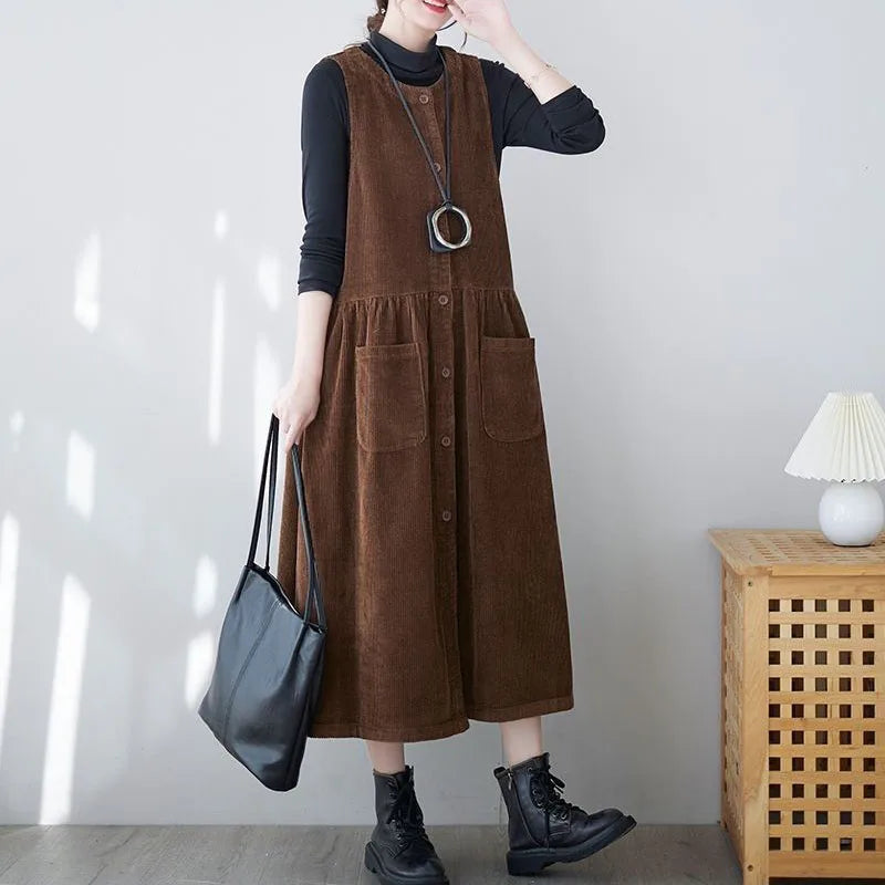 maoxiangshop New Spring Autumn Womens Corduroy Dress Vestidos Retro Fashion Femal Long Casual Dresses Single-Breasted Sleeveless Vest Dresses