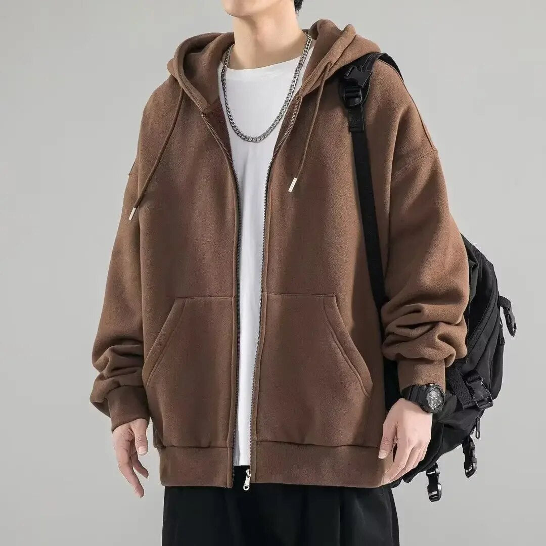 maoxiangshop American Heavyweight Basic Solid Color Cardigan Sweatshirt Men's Tide Loose Large Size Men's Hooded Sweatshirt Jacket 5xl