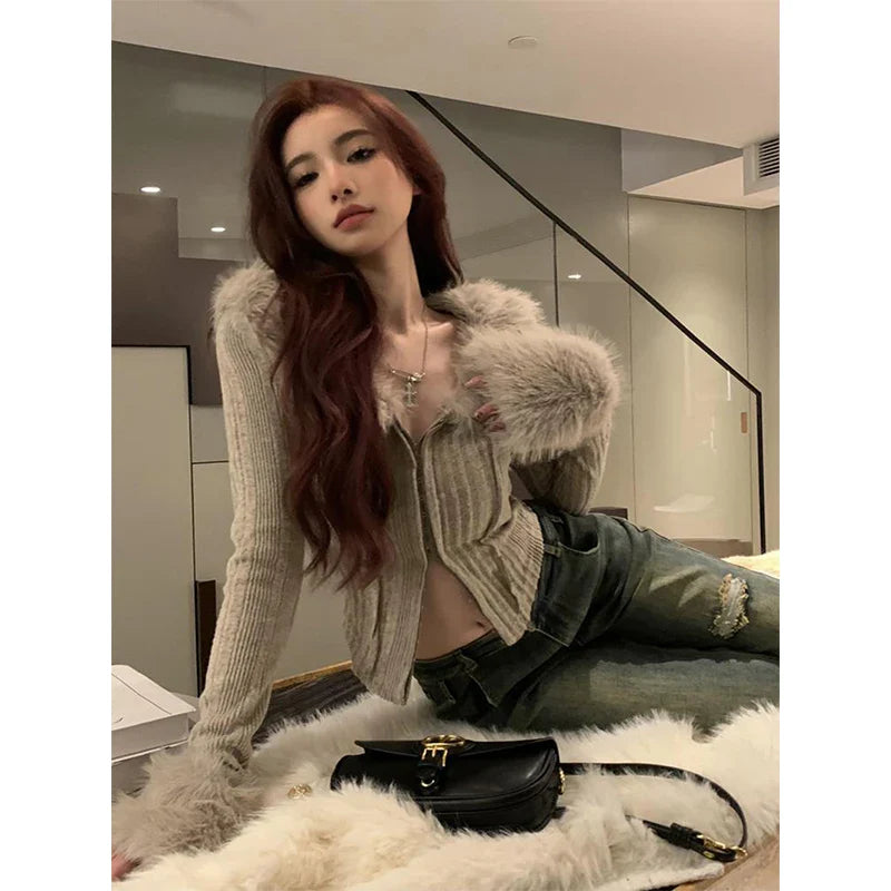 Y2K Cropped Knitted Cardigan Women Faux Fur Patchwork Sweater Jacket Streetwear Sexy V Neck Jumper Korean Bodycon Knitwear