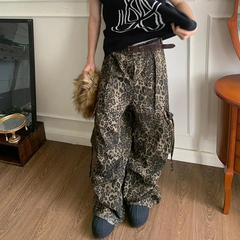 maoxiangshop Tan Leopard Cargo Pants Men Y2K Parachute Oversize Wide Leg Trousers Male Streetwear Hip Hop Harajuku Animal Print