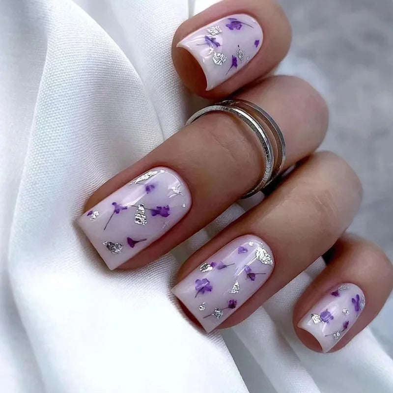 maoxiangshop 24Pcs Blue Flower False Nails Almond Cute Heart with French Design Detachable Fake Nails Artificial Press on Nails Tips Art