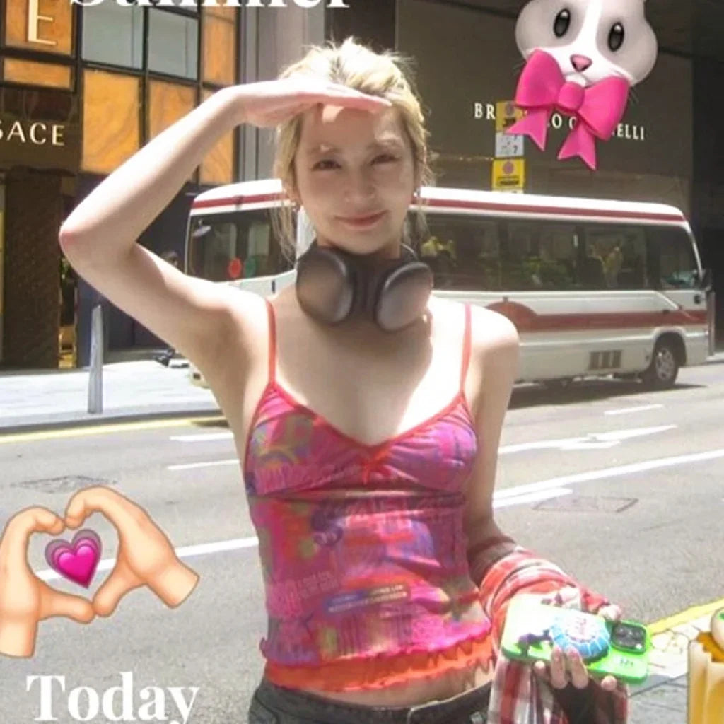 maoxiangshop - Cute Y2K Millennium Spicy Girl Shibuya Dopamine Pink Fake Two Sexy Slim Fit Tank Top Large Women's Summer