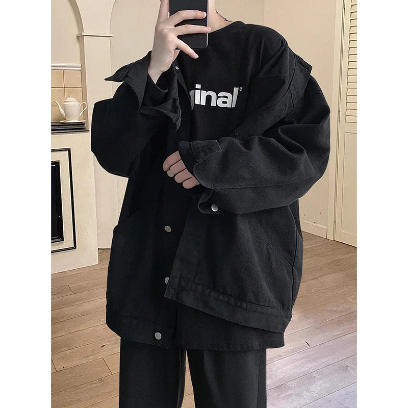 maoxiangshop New Steetwear Red Mens Jean Jackets Turn Down Collar Multi-pockets Denim Coats Overalls Loose Casual Men Clothing Outwear