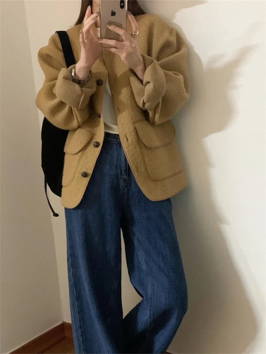 maoxiangshop - Chic Solid Woolen Jackets Loose Women New Warm 2025 Vintage Slim Winter Streetwear Elegant Fashion Daily Coats