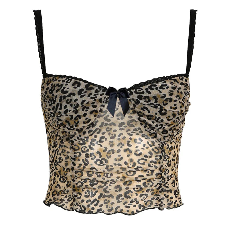 maoxiangshop Leopard Print Mesh Camis Streetwear Y2K Vintage Lace Bow see Through Sexy Summer Backless Crop Top Women Mini Vest 2024