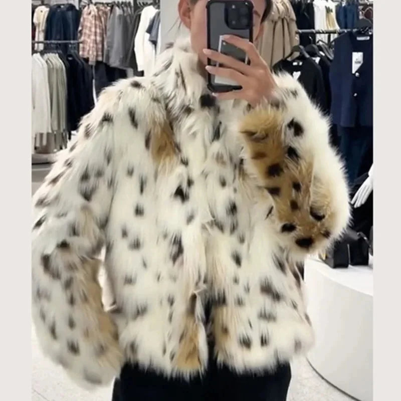 maoxiangshop - Dot Leopard Contrast Stand Collar Faux Fur Coat Women Warm Commute Long Sleeve Fluffy Plush Jacket Autumn High Street Outerwear