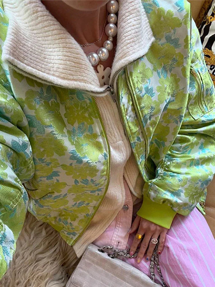 maoxiangshop - Casual Printed Women Jacket Commute O-neck Long Sleeves Zipper Female Jacket High Street Bohemian Oversize Lady Coat 2024 Autumn