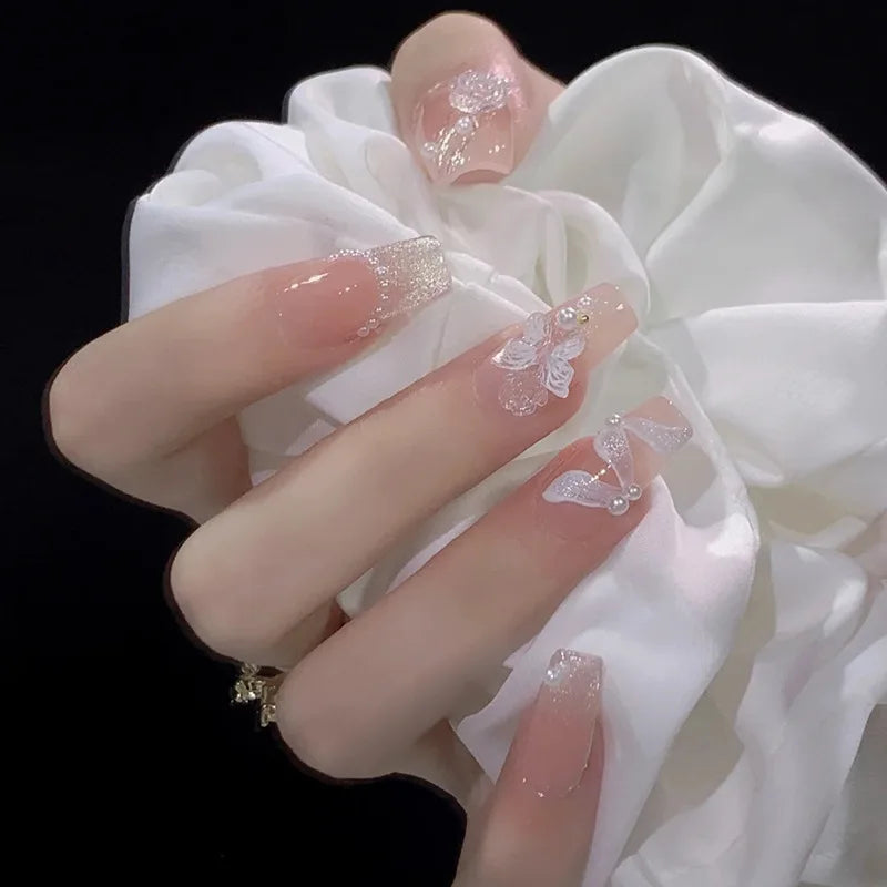maoxiangshop 24pcs Wearable Pink Press On Fake Nails Tips With Glue false nails design Butterfly Lovely Girl false nails With Wearing Tools