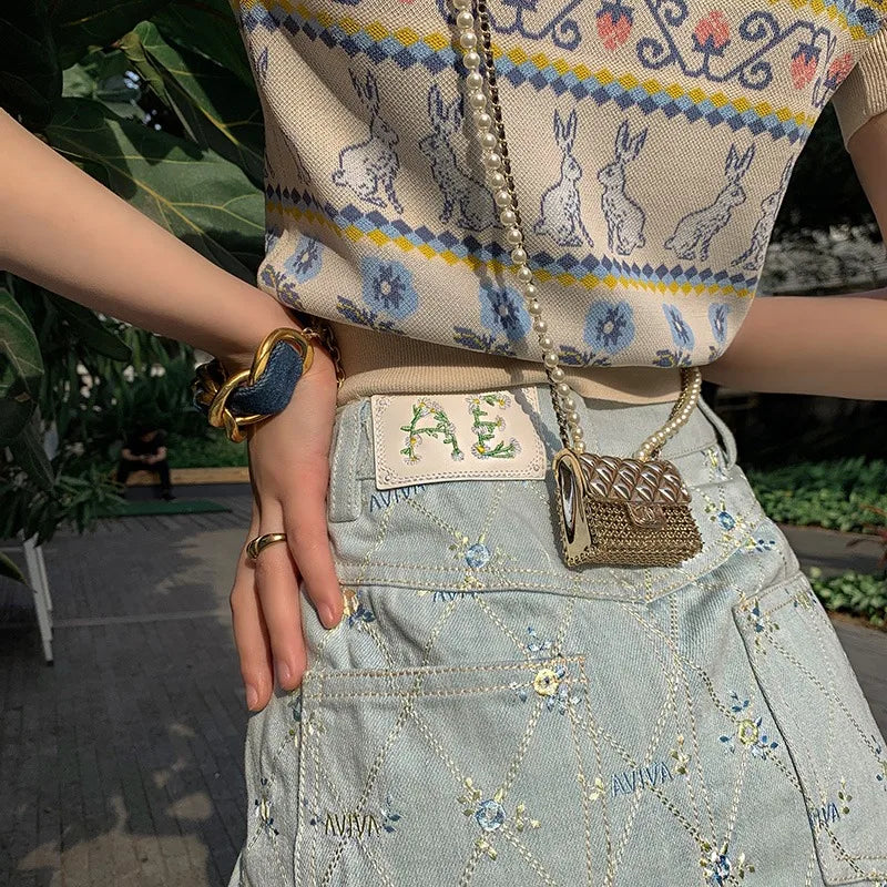 maoxiangshop - New Flowers Embroidery Women Denim Skirt Floral Summer Autumn Lady Elegant Fashion Students Sweet Tassel Mini Jean Skirts