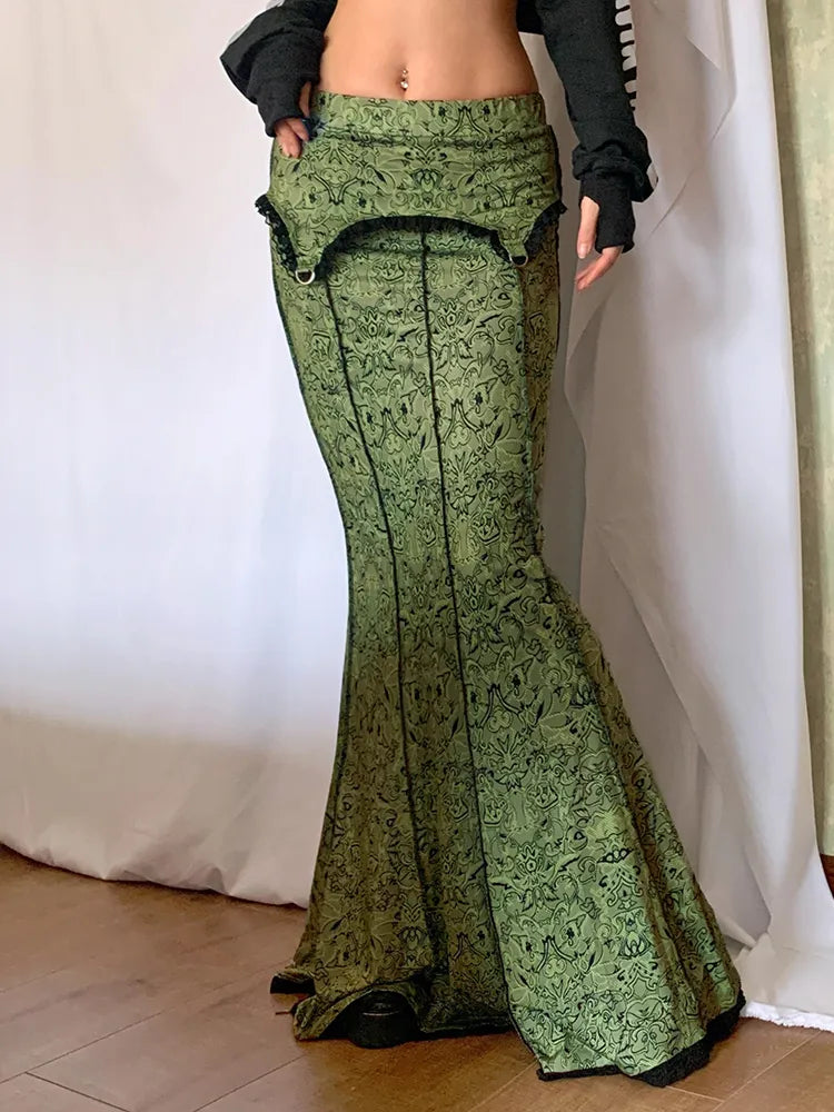 maoxiangshop Vintage Fashion Elegant Green Trumpet Long Skirt Graphic Printed Lace Trim Y2K High Waist Skirt Women 2000s Aesthetic