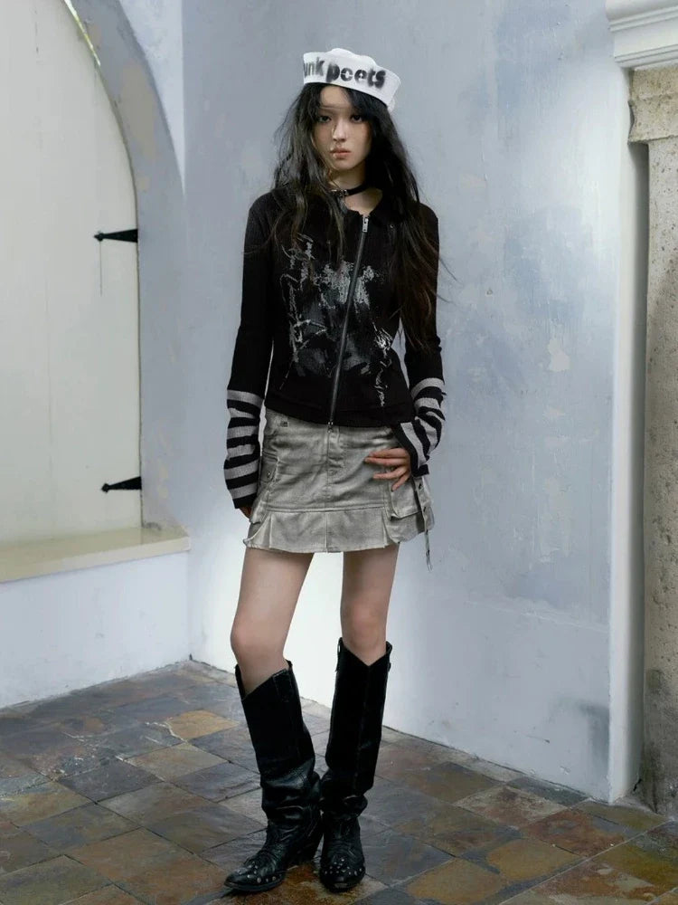maoxiangshop Gothic Vintage Punk Hoodie Women American Retro Grunge Y2k Graphic Striped Patchwork Zipper Tees Tops Spring Chic