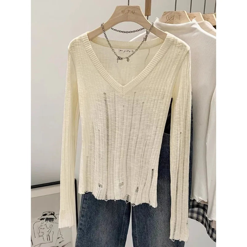 maoxiangshop Coquett Y2K Women's Knit Sweater Hollow Out Knitwear V Neck Pullovers Spring See Through Jumper Harajuku Fashion Grunge