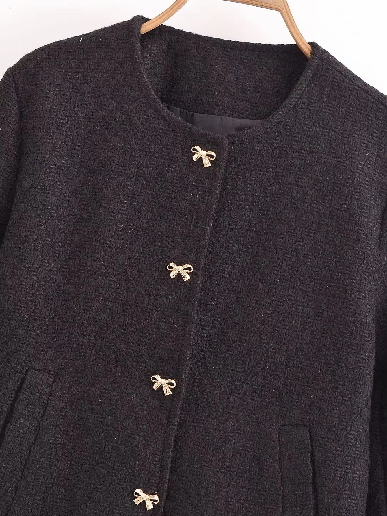 maoxiangshop - Fashion O-Neck Women Jacket Coat 2024 Female Autumn Chic Bow Button with Pockets Outerwear Lady New Black Jackets Coats