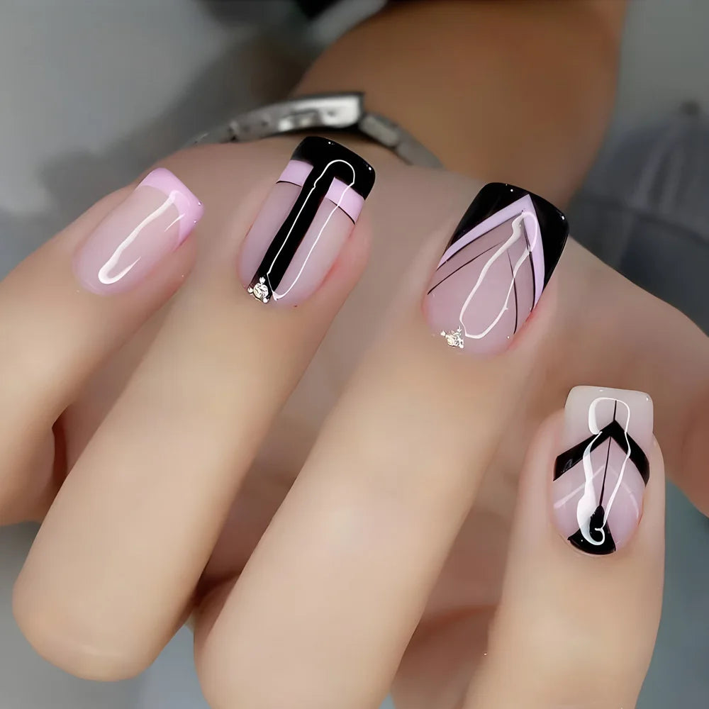 maoxiangshop 24pcs/set ballet short fake nails for Valentine's Day cute heart with glitters french white square tips press on false nail art