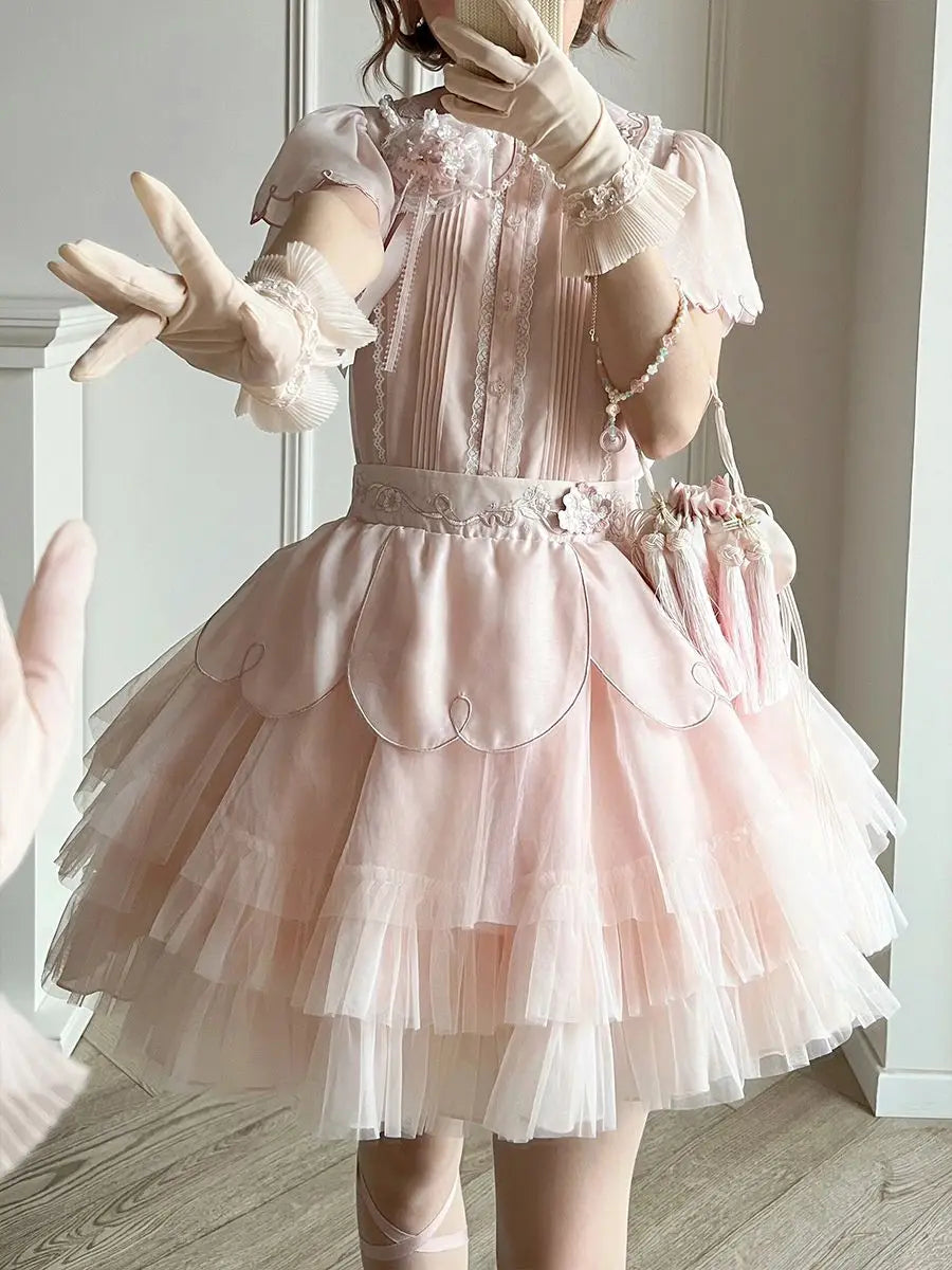 maoxiangshop - Pink Lolita Kawaii 2 Piece Set Women Japanese Cute Party Tops Suit Female 2024 Bubble Sleeve Elegant Blouse + Fairy Cake Skirt
