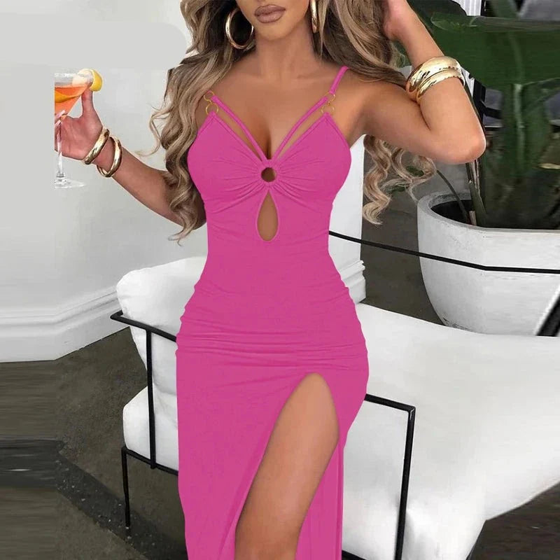 maoxiangshop Women Solid Sexy Spaghetti Straps Shirring High Silt Maxi Sexy Hole Decoration Dresses
