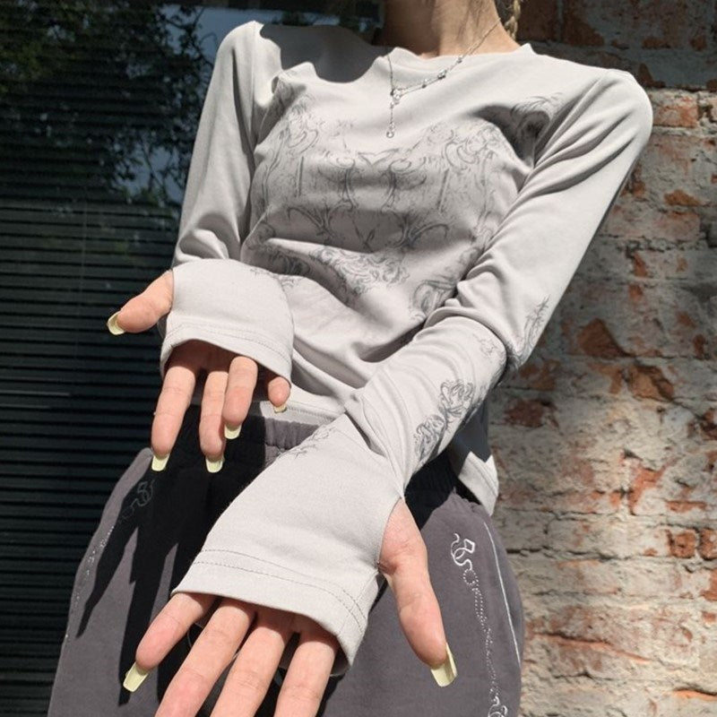 Vintage Women Clothes Y2K T-shirts Blusas O-neck Long Sleeve Print Tunic Grunge Woman Clothing Fashion Casual Crop Tops