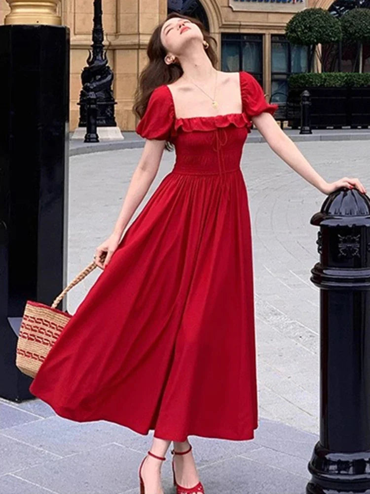 Summer New Women Elegant Midi Chic Drawstring Dresses Holiday Prom Beach Robe Vestidos Clothes