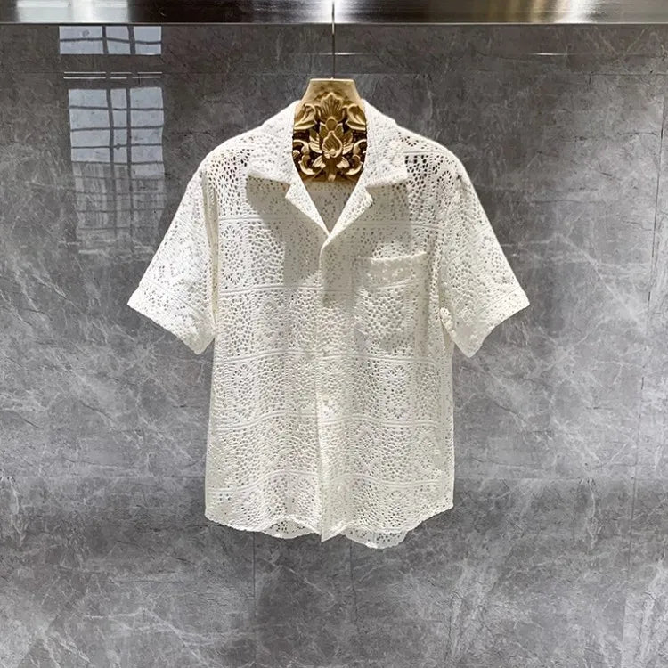 maoxiangshop Summer Mens Hollow Out Crochet Beach Shirt Short Sleeve Single Breasted Loose Fit Tops Vintage Breathable Night Clubwear Shirts