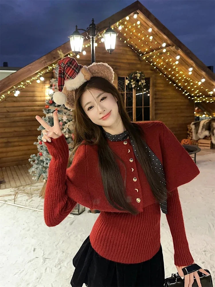 maoxiangshop - Vintage Red Poncho Sweater Women Ribbed Knitwear Two-Piece Set Pullover Korean Cutecore Long Sleeve Christmas Clothes