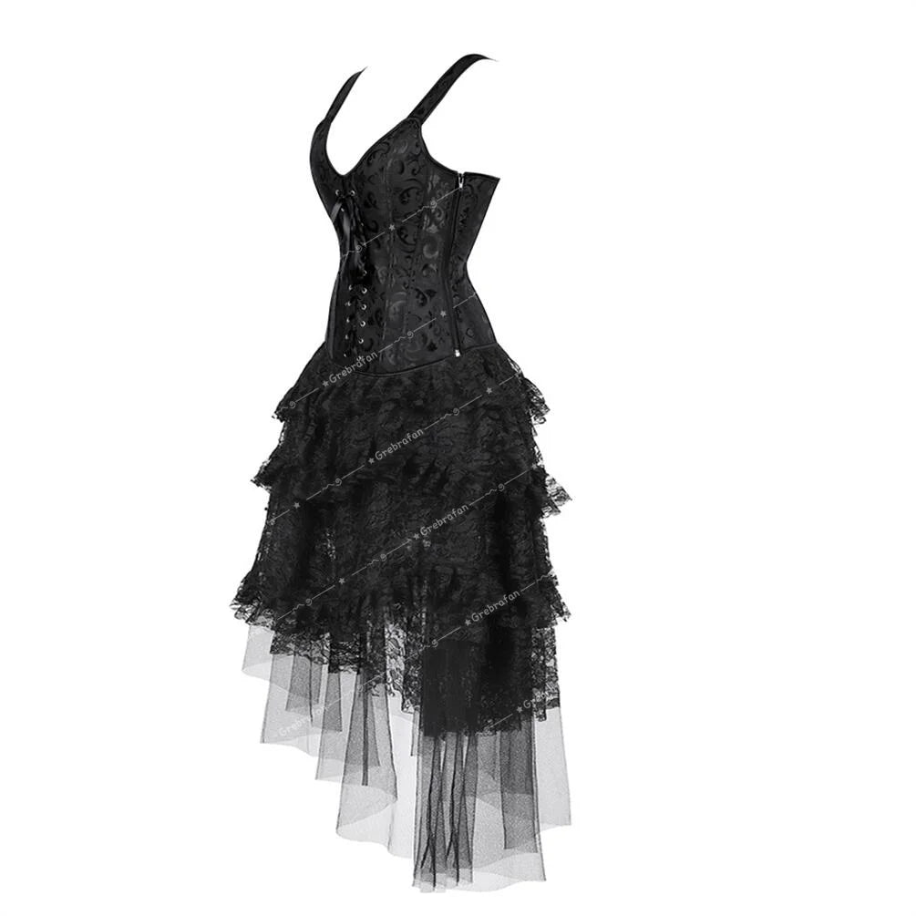 maoxiangshop - Steampunk Corset Skirt Bridal Lace Strap Bustiers with Gothic Tulle Dress Rave Outfits Evening Party Costumes Plus Size