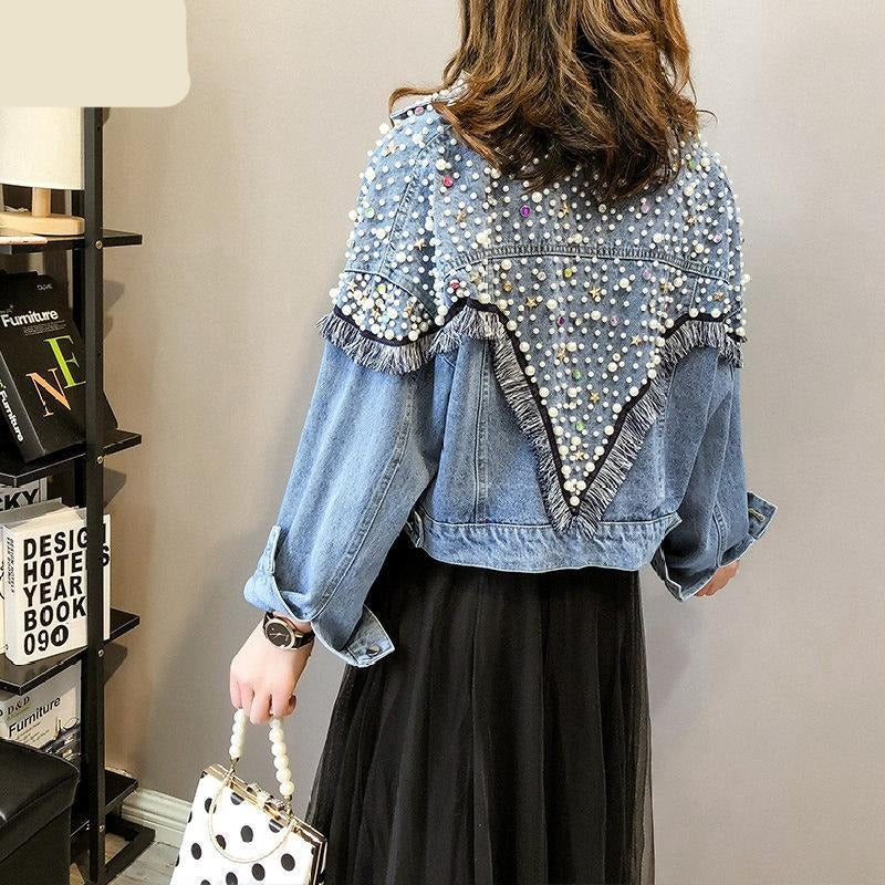 maoxiangshop Autumn Denim Jacket Women Hand-studded Pearls Punk Tassel Veste Femme Loose Short Jeans Coats Chaquetas Mujer Streetwear