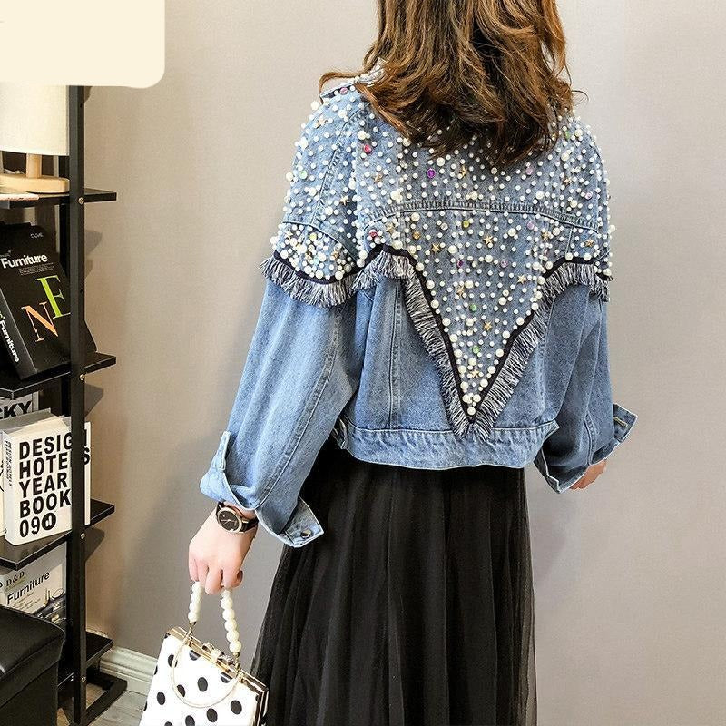 maoxiangshop Autumn Denim Jacket Women Hand-studded Pearls Punk Tassel Veste Femme Loose Short Jeans Coats Chaquetas Mujer Streetwear