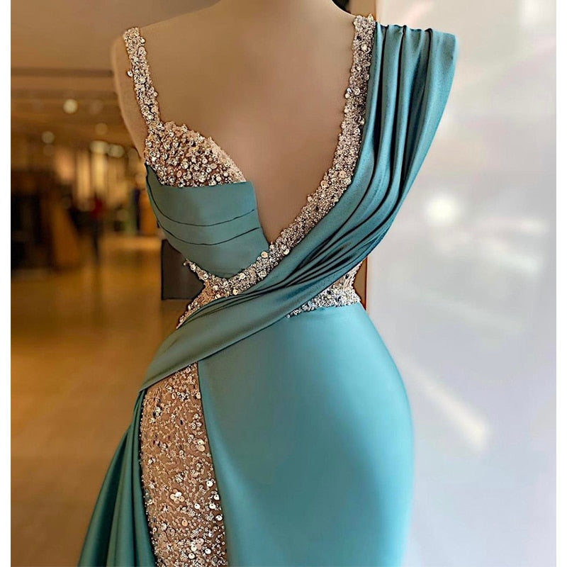maoxiangshop Mermaid Prom Dresses V Neck Crystal Dubai Glitter Robe De Soiree Arabic Evening Dress Women Party Gowns Vestidos