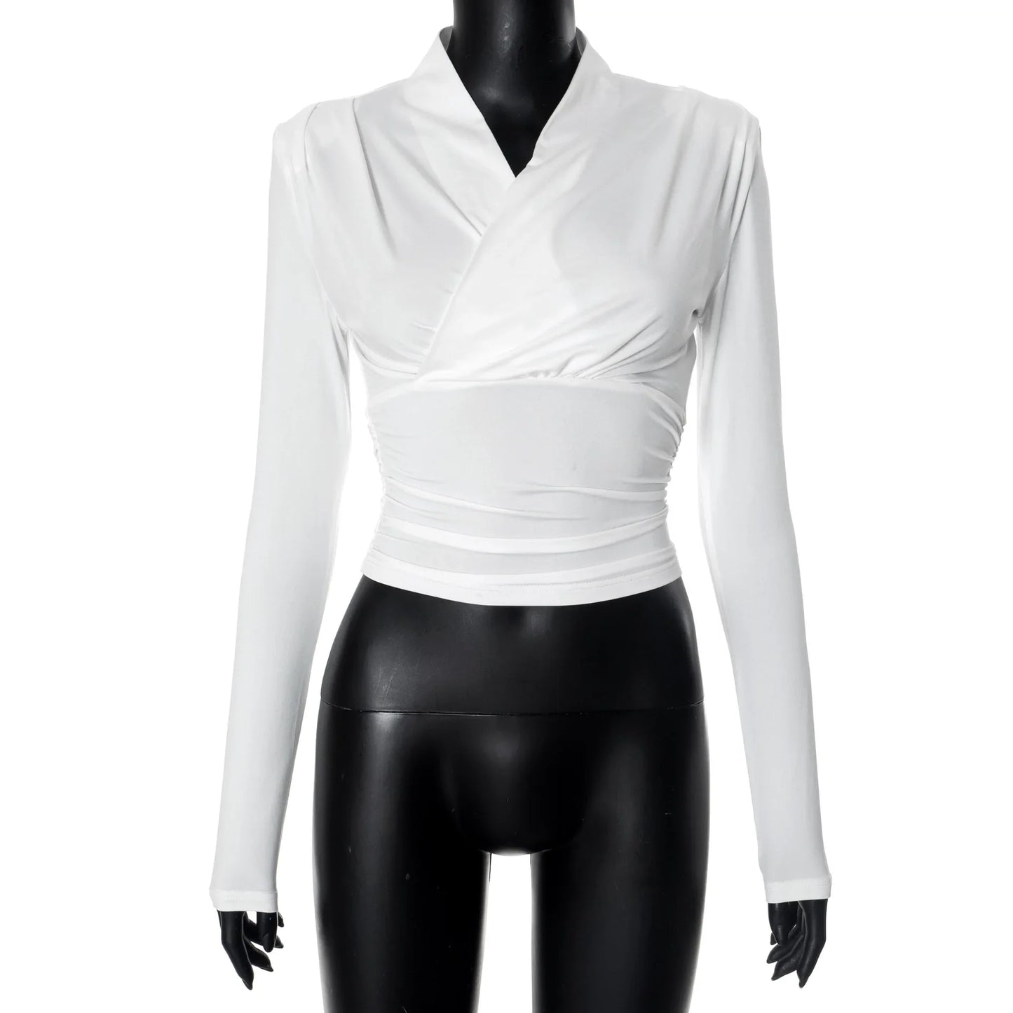 maoxiangshop - Cross-Neck Slim Long Sleeve Crop Top For Women Elegant Ruched Solid T shirt Autumn Fashion Versatile Female Pullovers