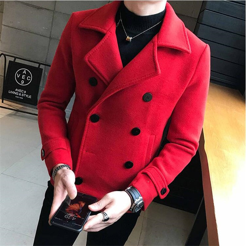 New Fashion Men Double-Breasted Windbreaker Solid Color Slim Short Woolen Coat Winter Casual Warm Windbreaker Coat Size 5XL