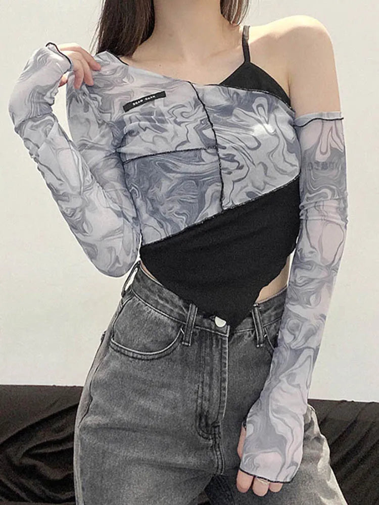 Asymmetrical Yamamoto Sleeve T-Shirts Women Sexy Cute Slope Neck Ruffles Fashion Tide Autumn Crop Tops Chic