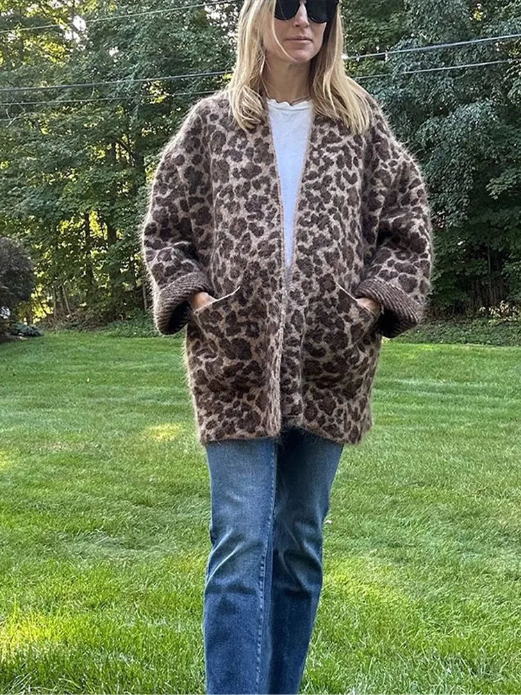maoxiangshop - Fashion Mohair Leopard Printed Warm Coat Women Chic V-neck Pocket Oversized Jacket 2024 Autumn New Lady Casual High Streetwear
