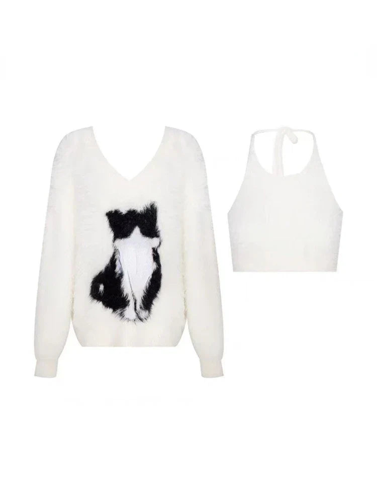 2023 Autumn White Elegant Knitted Sweater 2 Piece Set Women Casual Sexy Vest Outwear Warm Korean Fashion Tops Office Lady Chic