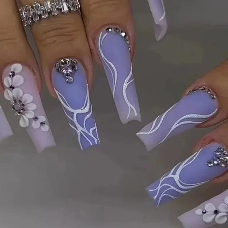 maoxiangshop 24Pcs Coffin False Nails Purple Butterfly Designs Fake Nails with Shiny Rhinestone Wearable French Full Cover Press on Nails
