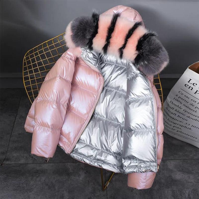 maoxiangshop Gold Silver Double Side Down Coat Winter Jacket Women Big Aritificial Fur White Duck Down Parkas Female Down Outerwear