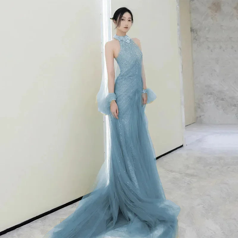maoxiangshop Evening Party Dress Women's Sleeveless Pearl Halter Elegant Dubai Banquet Gown Elegant Ladies Prom Dresses for Women Vestidos