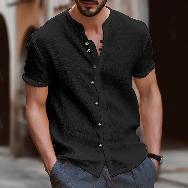 maoxiangshop Cotton hemp hot sell men's short sleeve shirt summer solid color stand collar casual beach style shirt